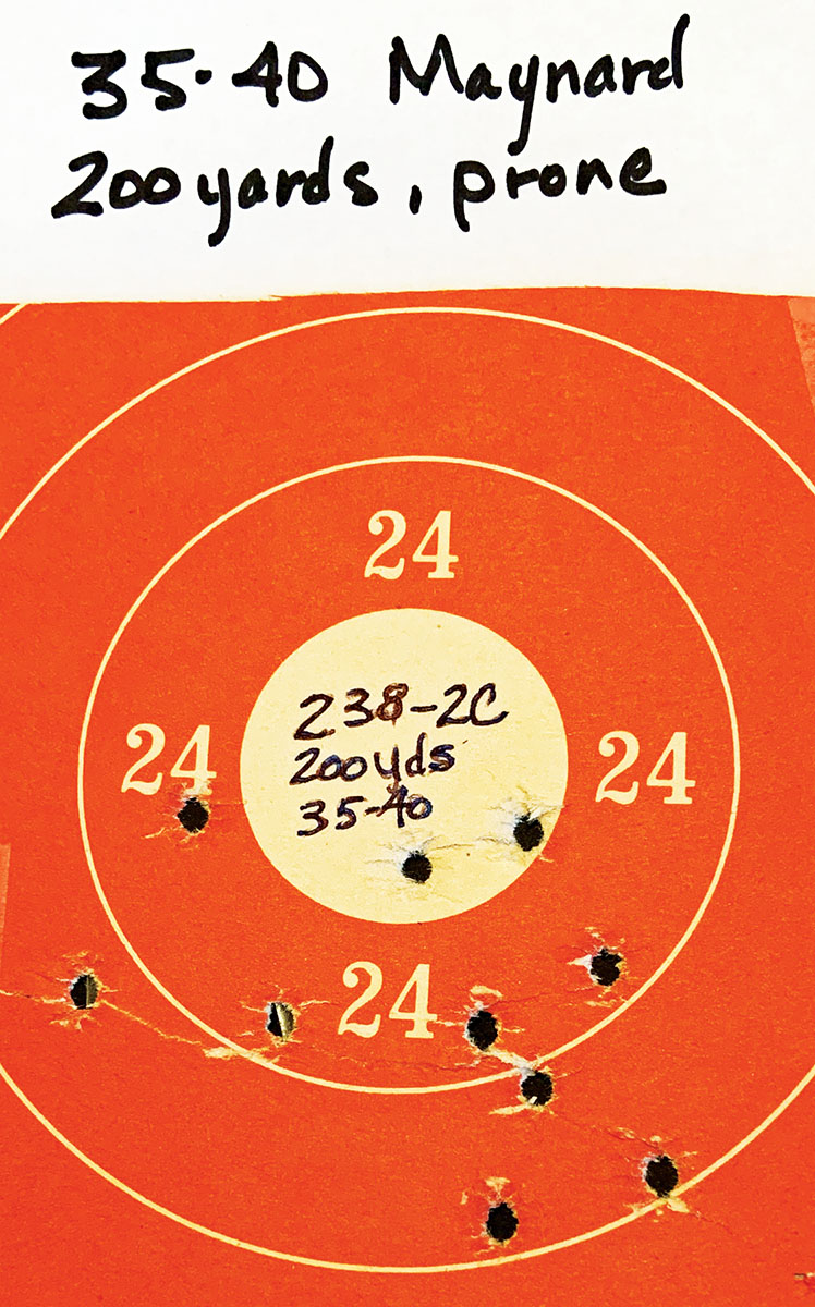 Confirmation group, .35-40 Maynard, 10 shots, 200 yards, prone.